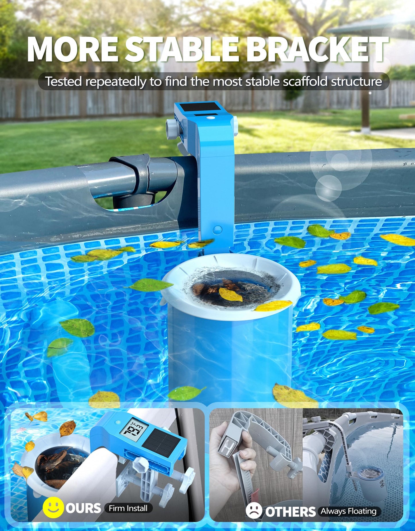 BluSwim Above Ground Pool Skimmer with Solar Digital Thermometer | Wall Mount Surface Skimmer - Auto Skimming Pool Floating Debris | 2 Upgraded Bracket - More Stable & Height Adjustable