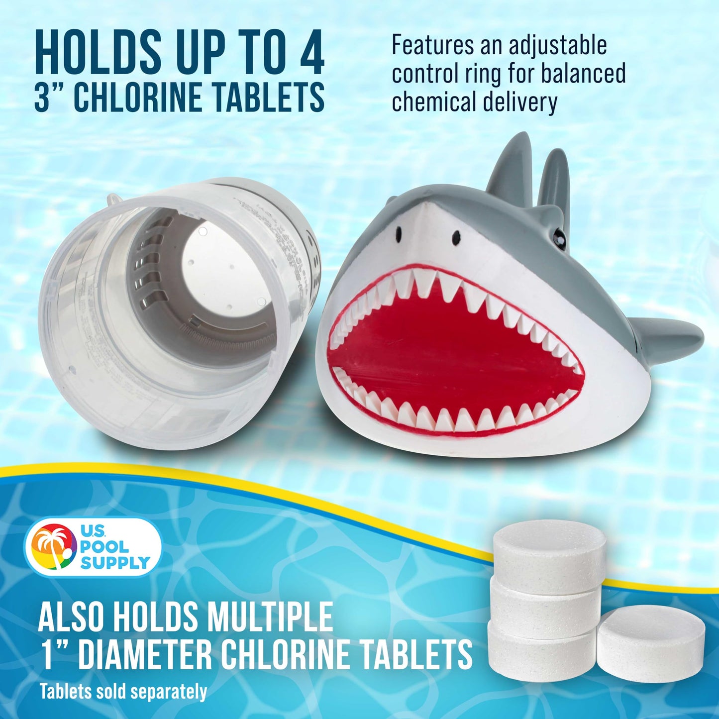 U.S. Pool Supply Open Jaws Great White Shark Floating Pool Chlorine Dispenser, Collapsible Base, Holds 3" Tablets - Scary Teeth, Fun Animal Float Floater Decoration, Adjustable Balanced Delivery, Spa
