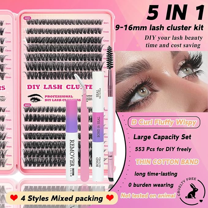Lash Clusters Kit, 560 Pcs Eyelashes Clusters Kit 9-16mm Individual Lash Extension Kit D Curl Fluffy Wispy False Eyelashes (40D+50D+60D+80D, Lash Clusters Kit)