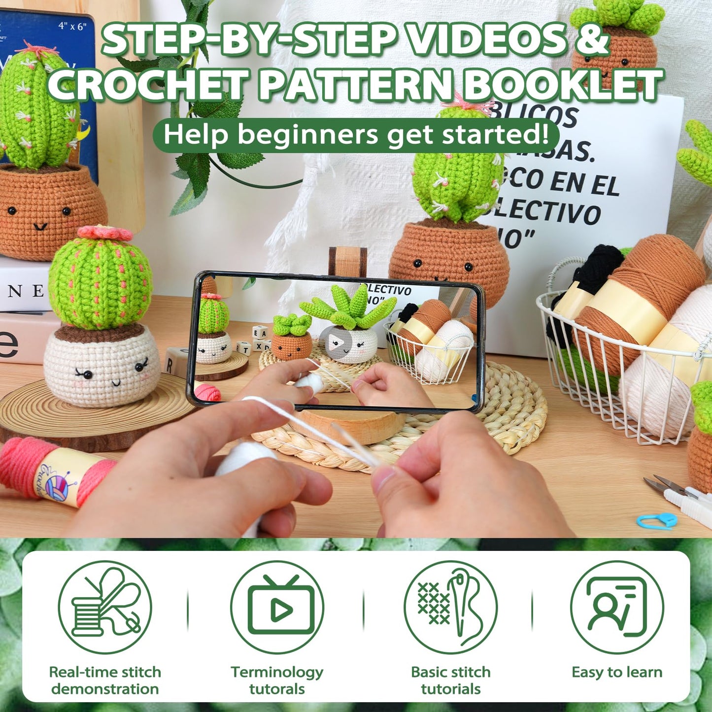 Crochet Kit for Beginners - Crochet Starter Kit with Step-by-Step Video Tutorials, Learn to Crochet Kits for Adults, DIY Knitting Supplies, 4 Pack Plants(40%+ Yarn)