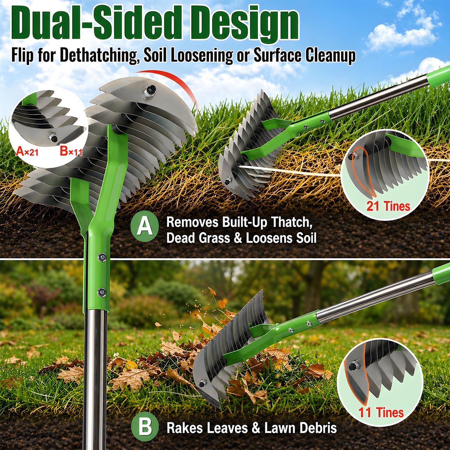 Heavy Duty Thatch Rake for Lawns - 13” Deep-Clean Dethatching Rake for Dead Grass & Moss Removal, Dual-Sided Manual Dethatcher and Scarifier Tool, 65" Long Metal Handle for Garden Yard Lawn Care