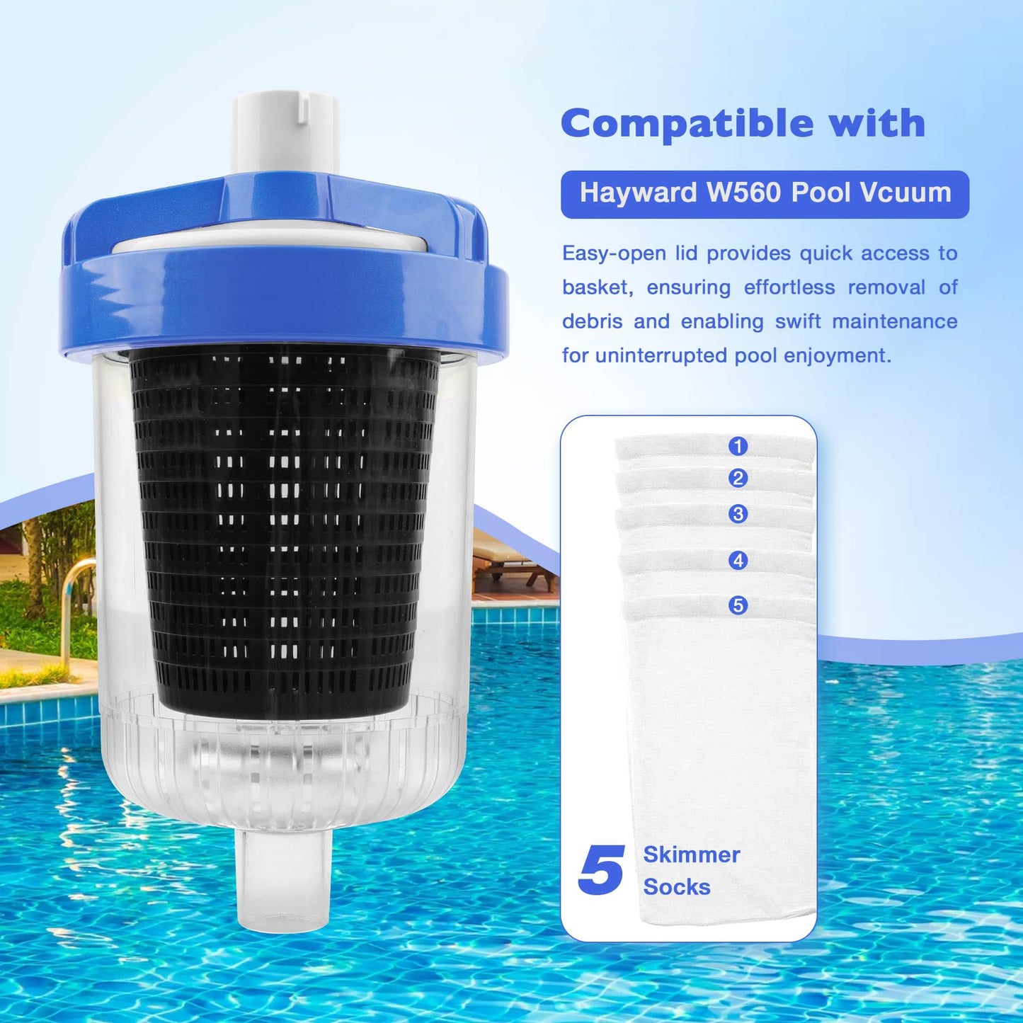 ATRACYPART Inline Pool Leaf Canister Compatible with Hayward W560 PoolVac Navigator Standard, Leaf Catcher Filter with Strainer Basket and 5 Skimmer Socks