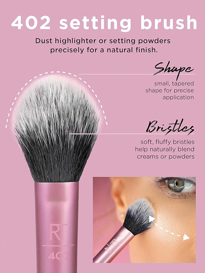 Real Techniques Professional Powder Setting Makeup Brush, Helps Lock in Foundation and Concealer, Pink, (Pack of 4)