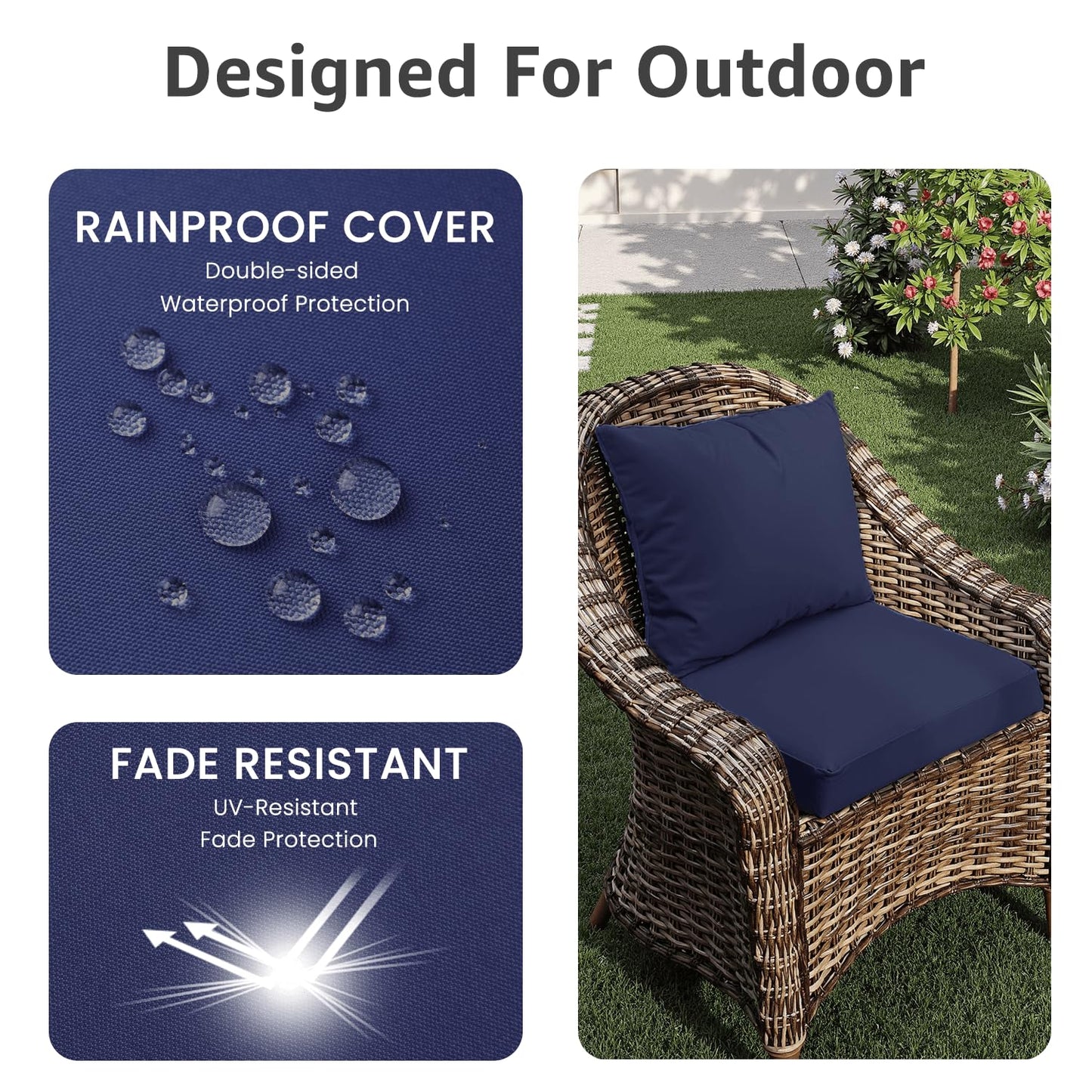PatioGlow Outdoor Chair Cushions 19 x 19 x 3 Inch, Waterproof & Fade Resistant Patio Seat Cushion for Furniture with Handle and Ties, Thick Seating Pads for Outside Sofa Couch Set of 2, Dark Blue