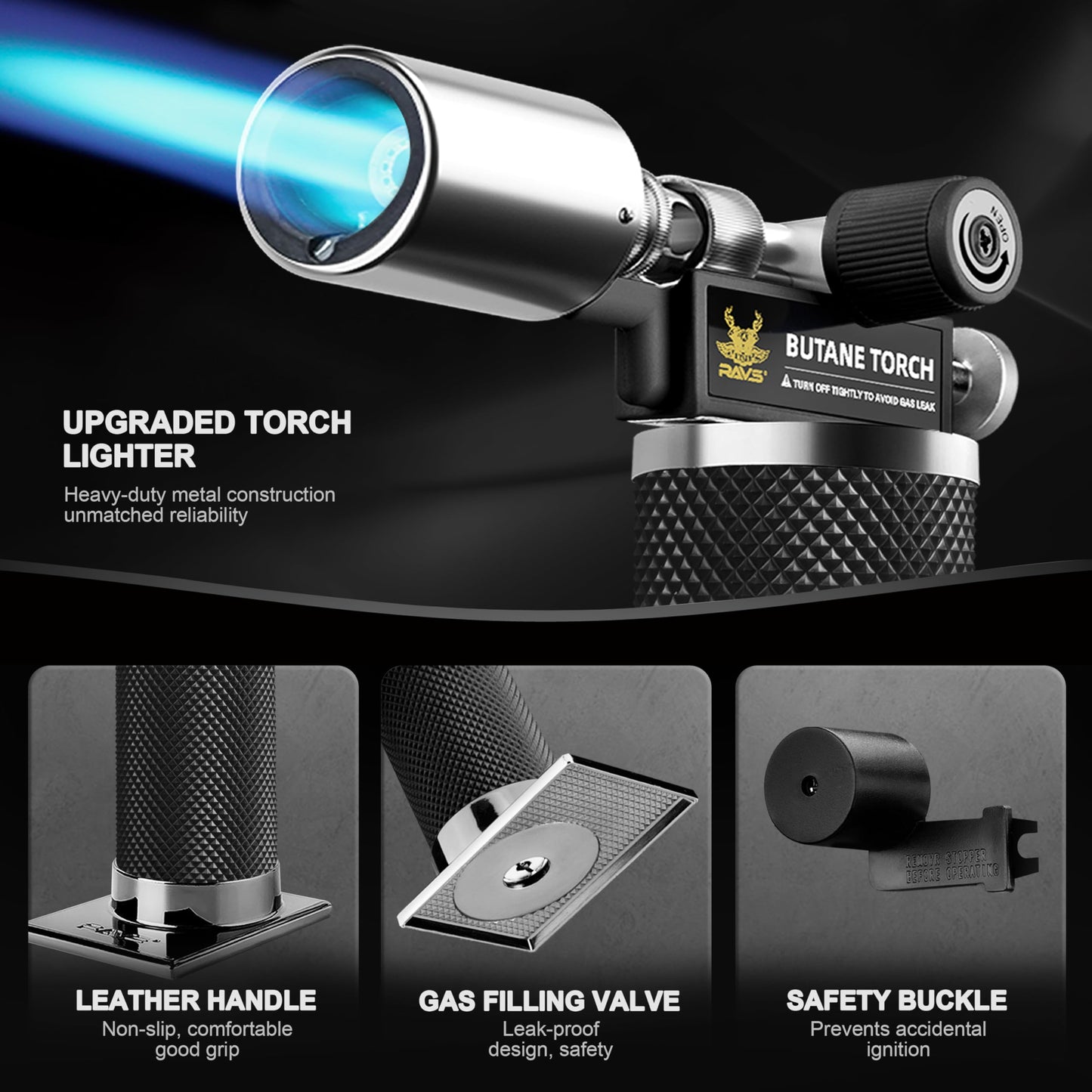 RAVS Butane Torch Lighter, Refillable Butane Kitchen Torch with Safety Lock and Adjustable Flame, Creme Brulee Torch for Baking, BBQ, Blow Torch for Cooking, Black, Butane Gas Not Included
