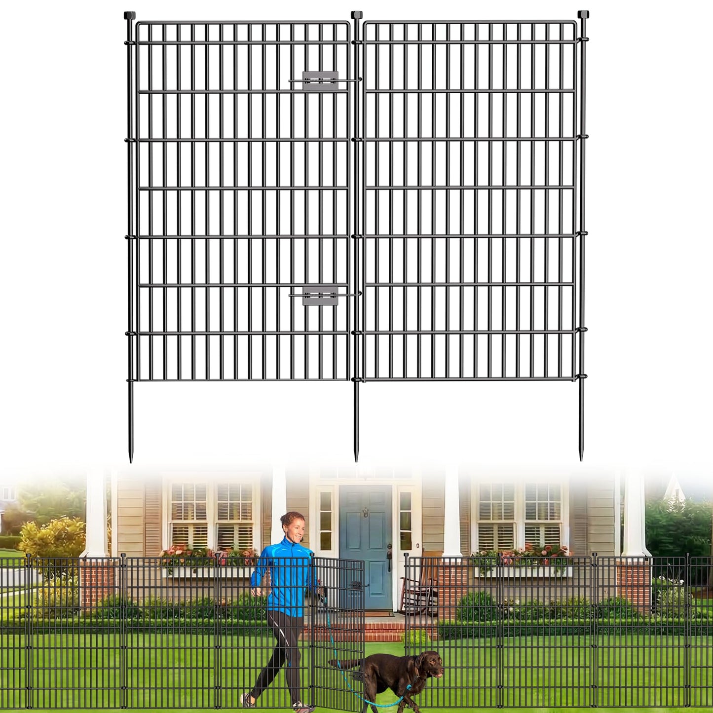 10 Panels No Dig Garden Fence with Gate, 44in(H) × 23.6ft(L) Decorative Metal Outdoor Dog Fence, Rustproof Pet Fencing for Yard, Patio, Flower Bed -Temporary Fencing| Easy to Install