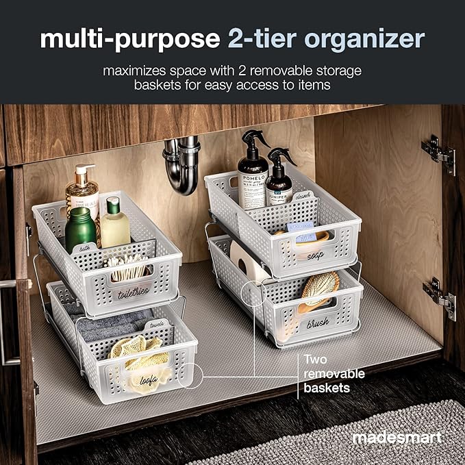 madesmart 2 Tier Bath Organizer, Undersink Storage with Sliding Drawers, for Cleaning Supplies, Pantry, Sponges, Bottles & Kitchen Essentials, Adjustable Dividers & Pull Out Sliding Baskets, Frost