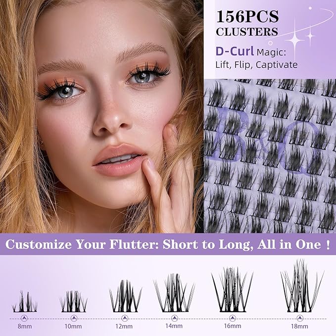 B&Q Wispy Lash Clusters Full B20,Eyelash Clusters 156PCS Comfortable band Cluster Eyelash Extensions,8-18mm Volume Individual Lashes Lightweight D Curl Lash Clusters Soft Eyelashes Natural Look(B20)