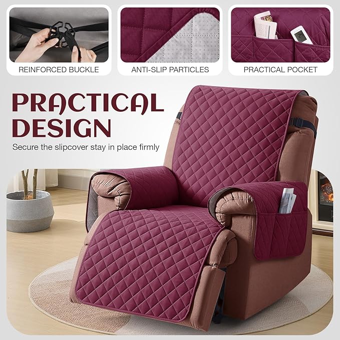KinCam 100% Waterproof Recliner Chair Cover, Reclining Couch Covers for Pets, Dogs, Recliner Couch Slipcover Furniture Protector with Elastic Straps for Kids(30", Burgundy)
