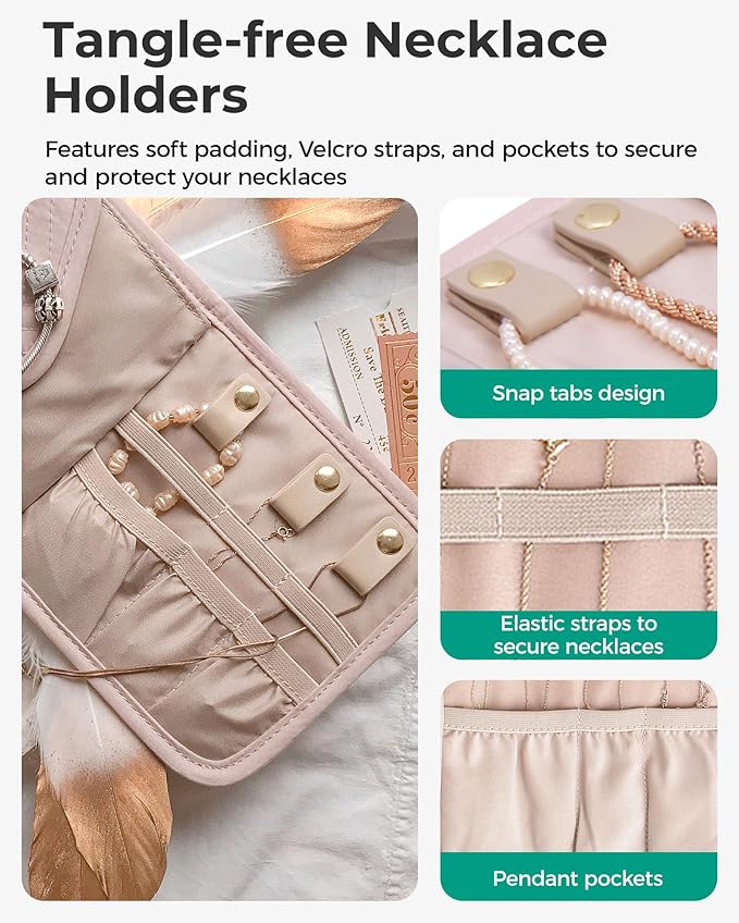 BAGSMART Travel Jewelry Organizer Case K Initial Foldable Jewelry Roll for Journey Rings, Necklaces, Earrings, Bracelets,Mini,Letter K,Soft Pink