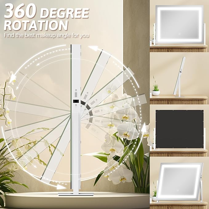 ROLOVE Vanity Mirror with Lights 22"x18", Lighted Makeup Mirror with 10X Magnification, Smart Touch 3 Colors Dimmable, 360° Rotation, Women Gift, Dresser Mount, Bathroom (White)