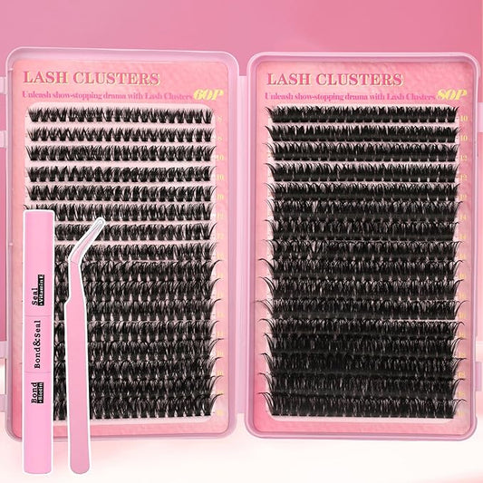 Lash Extension Kit Lash Clusters Kit 640Pcs Volume Eyelash Clusters C Curl Lashes Clusters DIY Cluster Eyelash Extensions With Lash Bond and Seal Lash Tweezers
