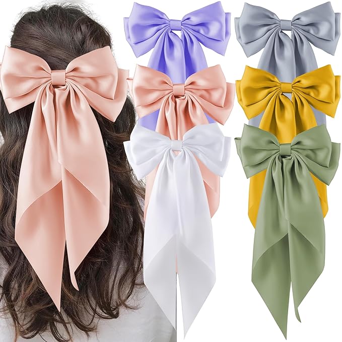6Pcs Large Bows Hair Clips for Women Girls Long Tail Hair Ribbon Silky Satin Barrettes Coquette Bows Accessories (Beige/Yellow/Pink/Grey/Purple/Green)