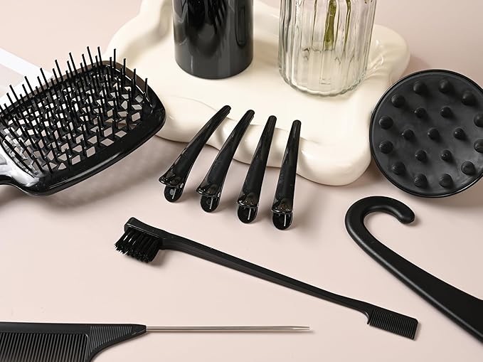 12 Pcs Hair Styling Brush Set with Detangler, Teasing, Rat Tail, Edge Brushes and Baby Hair Brushes - Soft Bristles for Baby Girls and Women (Black)
