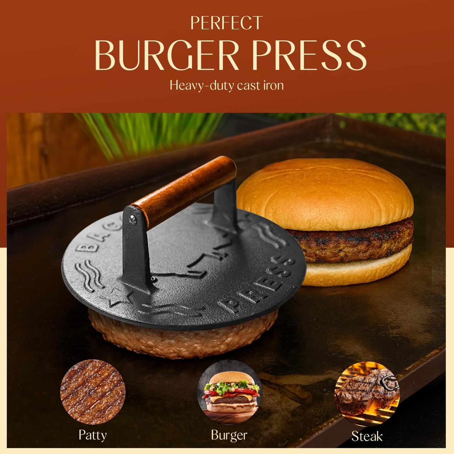 Heavy-Duty Cast Iron Burger Press 7 Inch Round Burger Smasher, Grill Press for Cooking Burgers, Bacon, Sandwiches, Steak, Ground Beef, Meats, Sausages, and So On