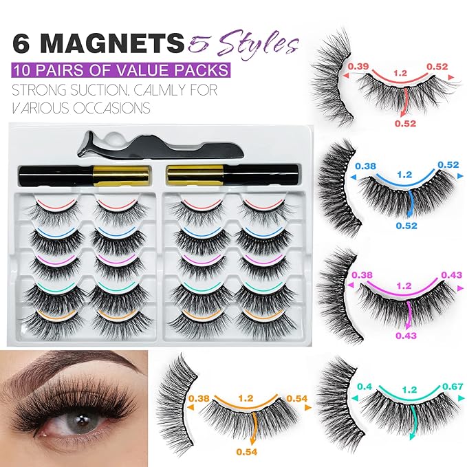 Royaomis 10 Pairs Magnetic Eyelashes with Eyeliner, Magnetic Lashes Natural Looking, Magnetic Eyelash Kit,Latest Six Magnets, With 3D 5D Reusable False Lashes, Easy to Wear, No Glue Needed
