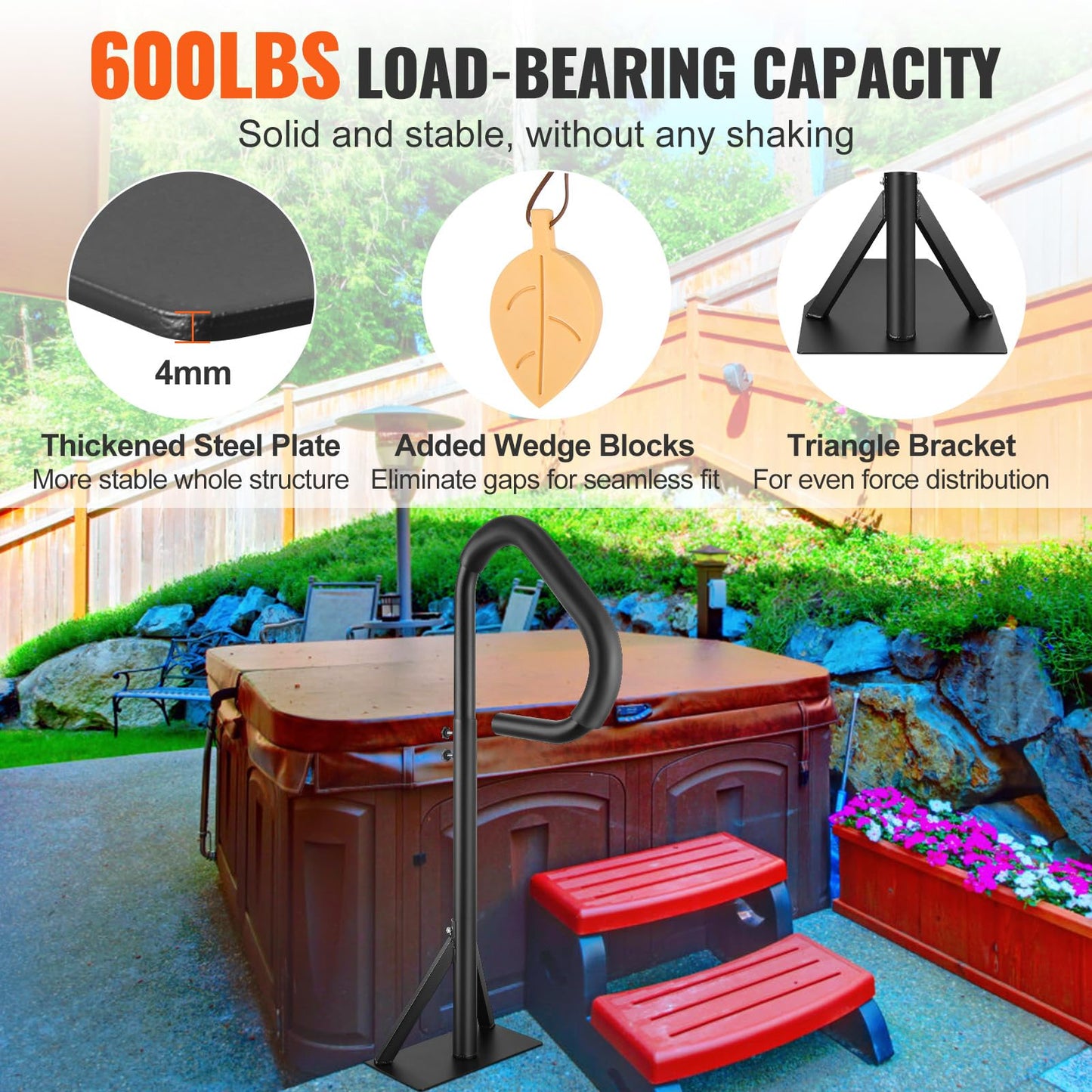VEVOR Hot Tub Handrail, 360 Rotatable Spa Side Handrail with 35"-57" Adjustable Height, Rust-Proof Aluminum Spa Hot Tub Hand Rail with Slide-Under Mount Base for Indoor & Outdoor, 600LBS Capacity