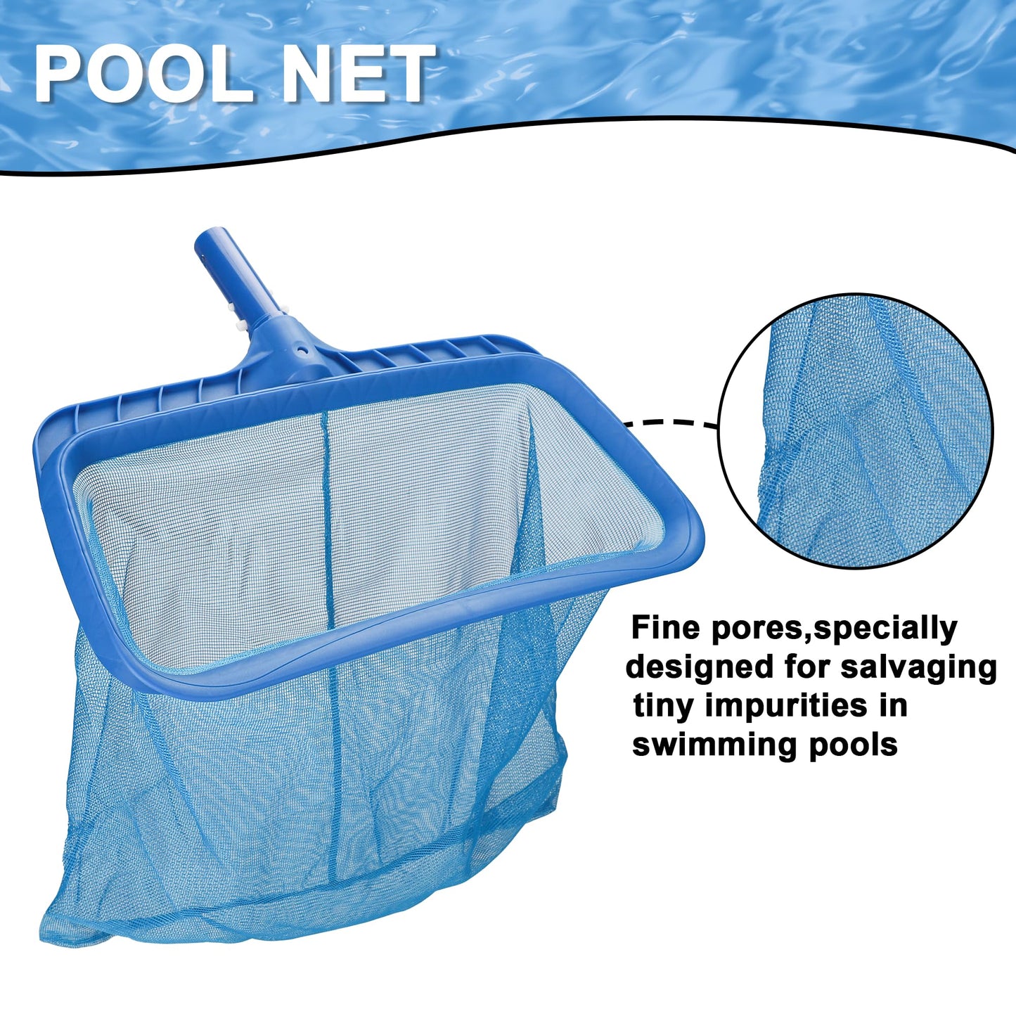 Ahomdoo Pool Cleaning Kit Professional Heavy Duty Leaf Skimmer Net, Deep Bag Rake & Wall Scrubber Brush, 4-Piece Pool Cleaning Equipment Set for Above Ground & Inground Pools (Pole Not Included)