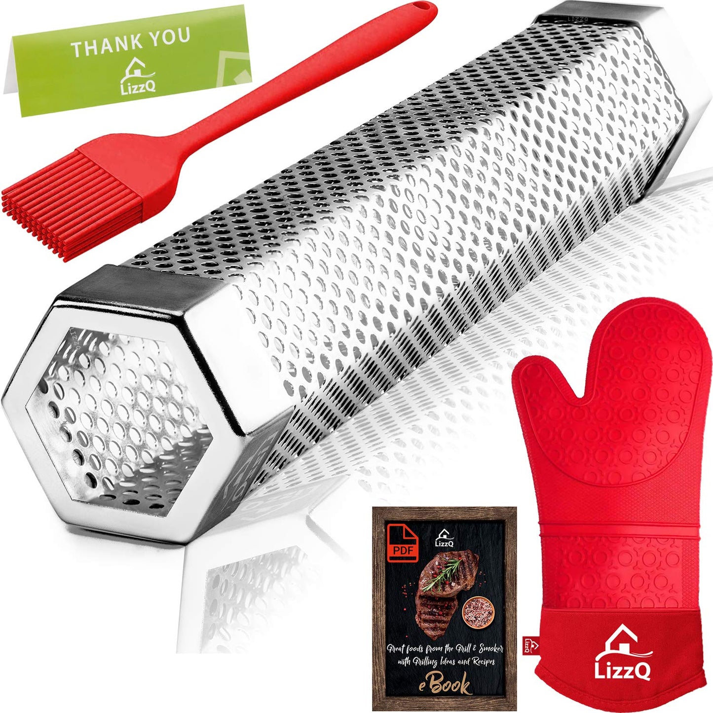LIZZQ Premium Pellet Smoker Tube 12 inches,5 Hours of Billowing Smoke,for Any Grill or Smoker, Hot or Cold Smoking,Stainless Steel 304,Silicone Basting Brush,Free eBook Grilling Ideas and Recipes