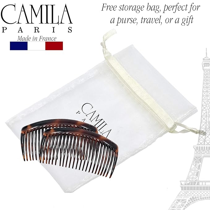 Camila Paris French Side Combs Large 2 Colors Each Curved French Twist Hair Combs Decorative, Strong Hold Hair Clips for Women Bun Chignon Up-Do, No Slip Styling Girls Hair Accessories, Made in France