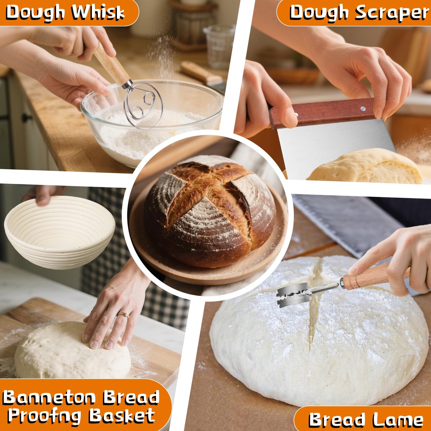 Dimpola Banneton Bread Proofing Basket Banneton Basket Set Sourdough Proofing Basket Round Proofing Bowls Handmade Rattan Baskets and Liners (Round of 2 Gift Set)