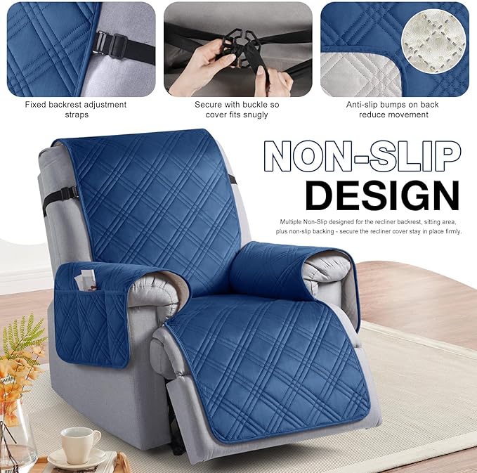 TAOCOCO 100% Waterproof Recliner Chair Cover, Recliner Covers for Recliner Chair with Pocket, Non Slip Reclining Chair Cover Furniture Protector for Kids, Pets(30'', Dark Blue-Velvet)