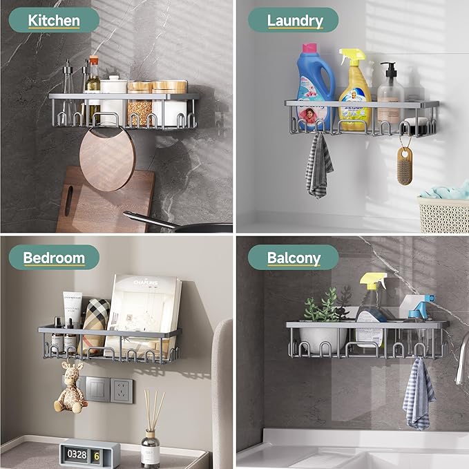 Veken Shower Caddy 6-Pack, No Drilling & Rustproof, Waterproof Adhesive Shelves Rack with Soap Holder, Large Capacity Bathroom Organizers and Storage, Wall-Mounted Kitchen & Home Decor, Silver Gray