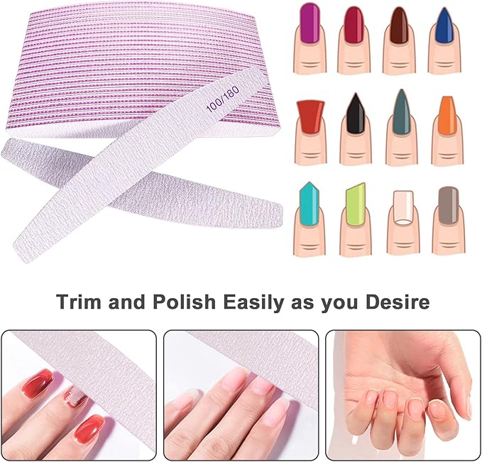 Nail Files (25 Pcs), 100/180 Grit Nail File Emery Board Bulk for Acrylic Nails and Natural Nails, Limas para Unas Acrilicas Profesional Pack Filers for Gel Nail Double Sided Manicure Curved Gray