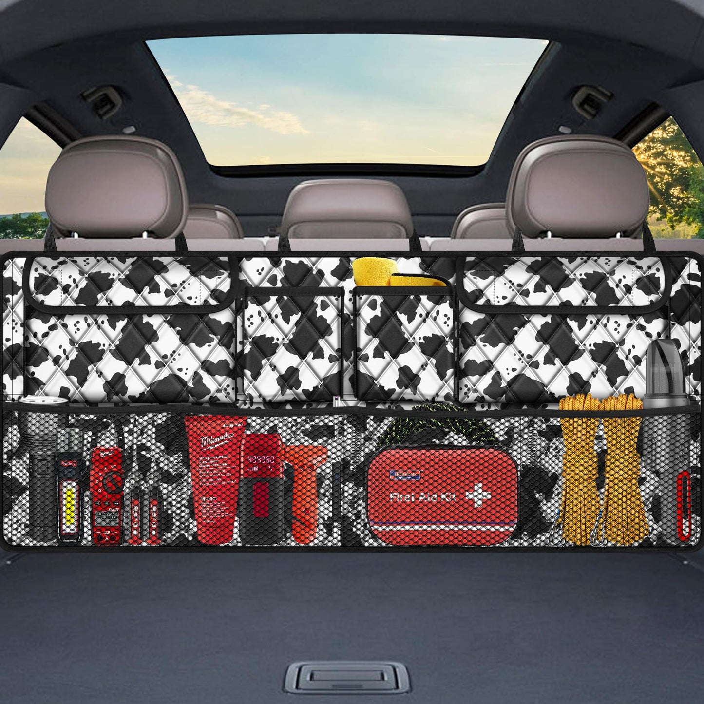 Femuar Car Trunk Organizer,Large Capacity Backseat Trunk Organizer(42"*18"),Collapsible Car Storage Bag with 8 Pocekt,SUV/MPV/Truck - Cow print