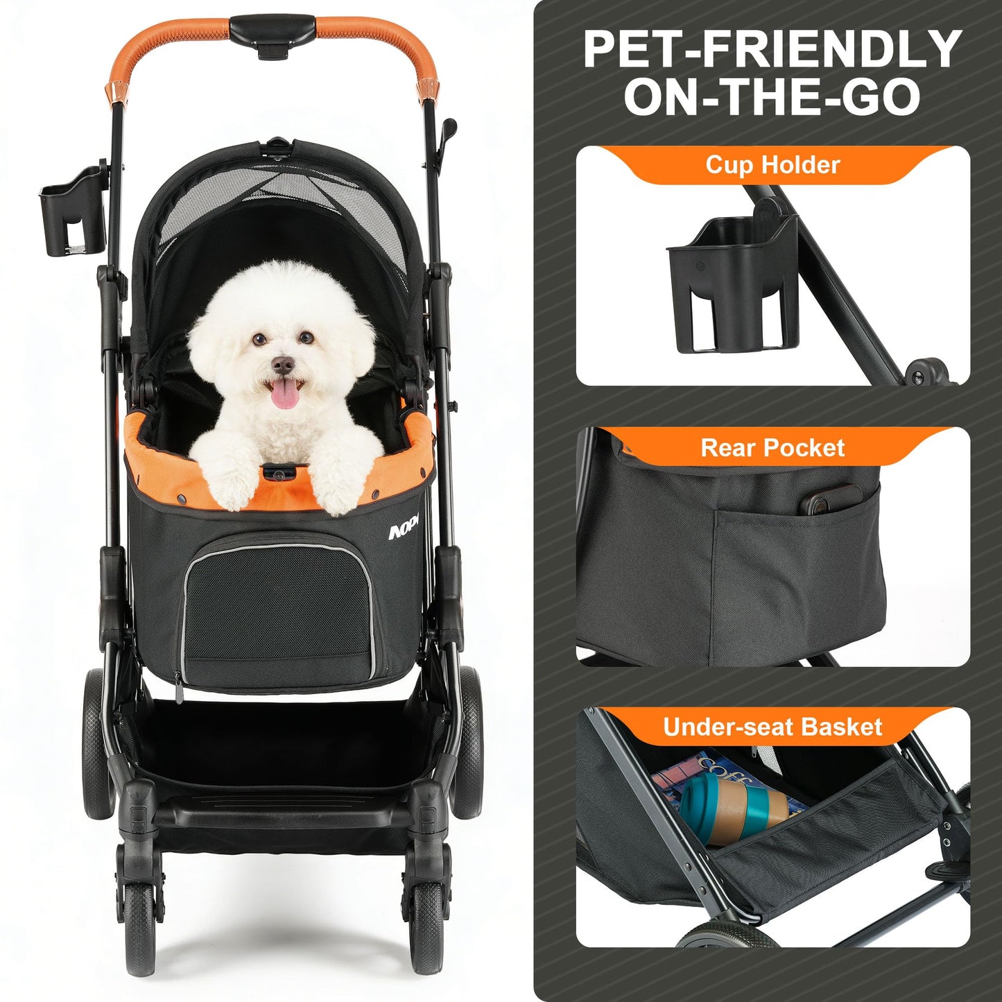 AOPEC Pet Stroller for Small Dogs & Cats – Easy One-Hand Fold, Supports Up to 35 lbs – Black