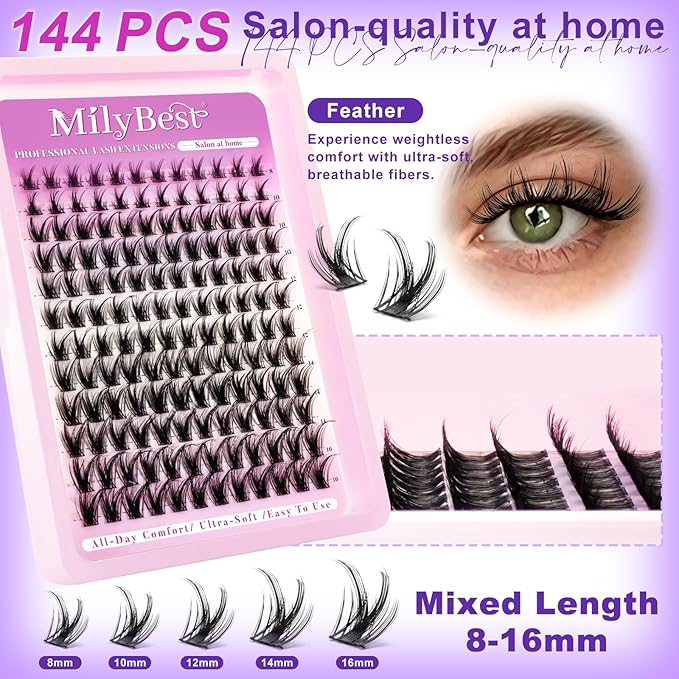 MilyBest Natural Lashes Clusters Lash Kit Fairy Eyelash Clusters with Bond&Seal 3 Styles Wispy 456Pcs Cluster Eyelash Extensions Kit Mixed C-Curl Individual Lash Clusters Thin Band DIY at Home Easily
