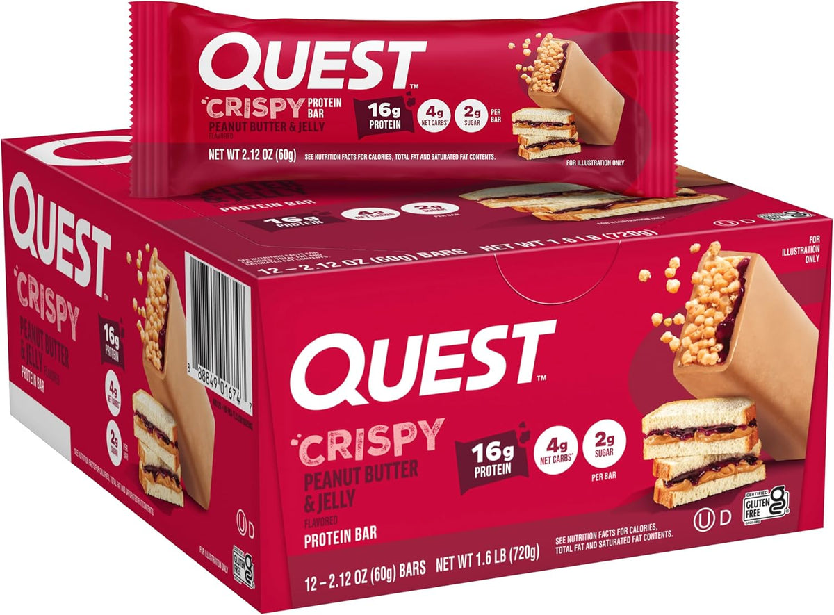 Quest Nutrition Crispy Peanut Butter & Jelly 16g Protein Bar, 2g Sugar, 4g Net Carbs, Gluten Free Snack, Keto Friendly, 12 Count