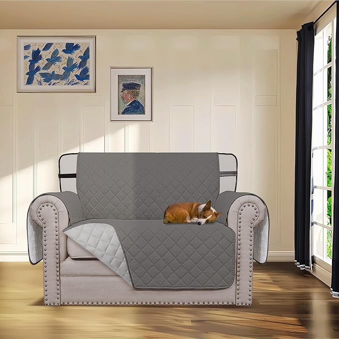 Easy-Going Reversible Chair Cover Washable Sofa Cover for Dogs Water Resistant Couch Slipcover Furniture Protector Cover with Adjustable Straps for Pets (Chair 30 in, Gray/Light Gray)