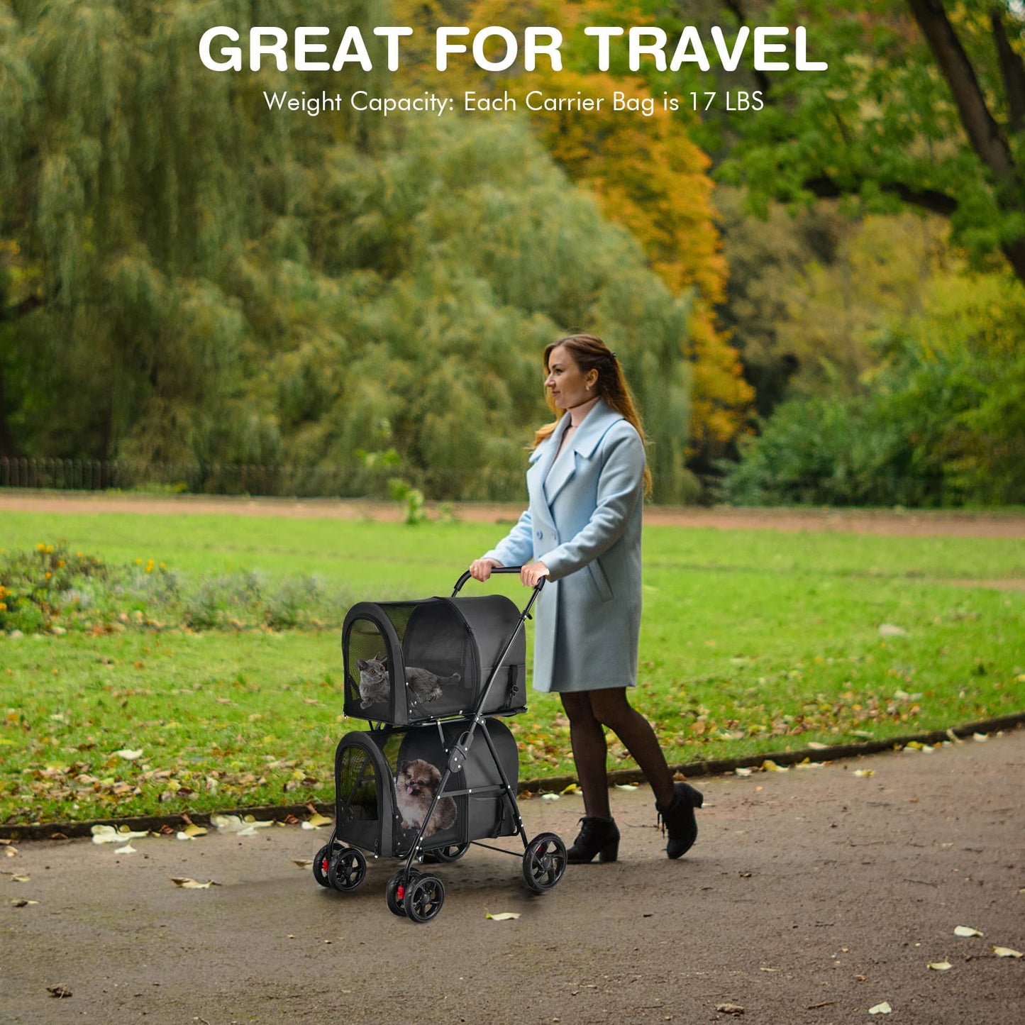Giantex Double Pet Stroller with 2 Detachable Carrier Bags, Safety Belt, 4 Lockable Wheels, Folding Cat & Dog Stroller for Small Medium Pets, Cats Dogs Puppy Travel Strolling Cart (Black)
