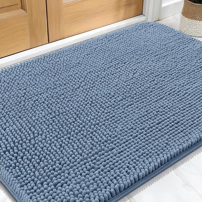 OLANLY Dog Door Mat for Muddy Paws 32x20, Absorbs Moisture and Dirt, Absorbent Non-Slip Washable Doormat, Quick Dry Chenille Mud Mat for Dogs, Entry Indoor Entryway Carpet for Inside Floor, Airy Blue