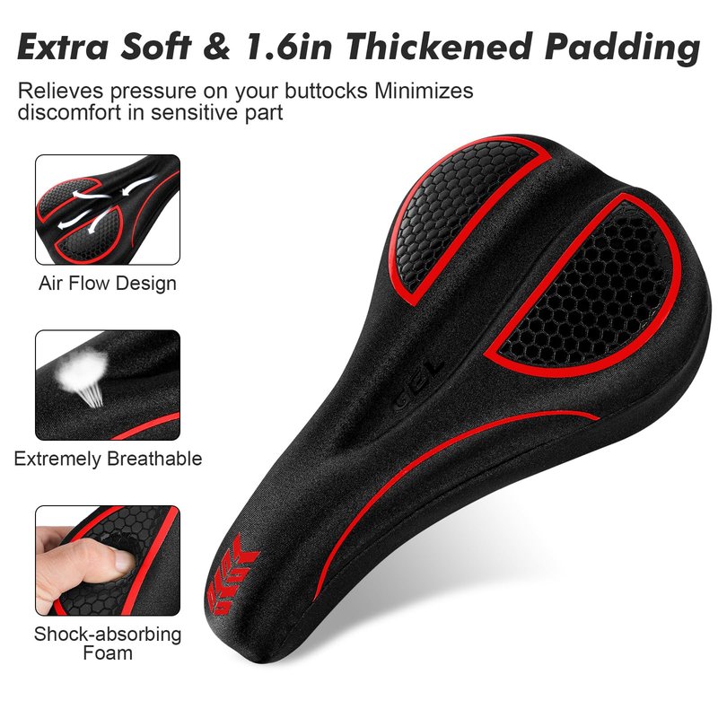 Bike Seat Cushion - Gel Padded Bike Seat Cover for Men Women Comfort, Extra Soft Exercise Bicycle Seat Compatible with Peloton, Outdoor & Indoor with Adjustable Velcro Secure Red