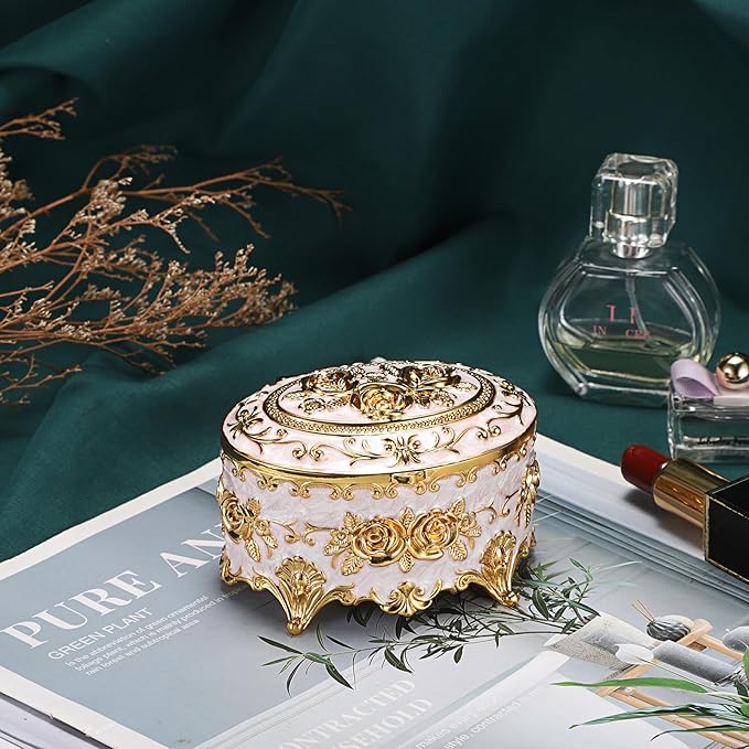 Hipiwe Vintage Metal Jewelry Box - Oval Trinket Organizer Ring Box Case with Rose Pattern Jewelry Storage Box for Ring Earrings Necklace, Gift for Women