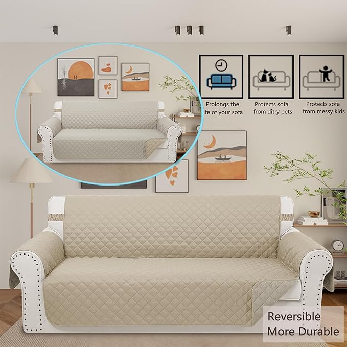 Reversible Oversized Sofa Covers Couch Cover Furniture Protector for Dogs Elastic Straps Water Resistant(XLSofa,Sand/Beige)