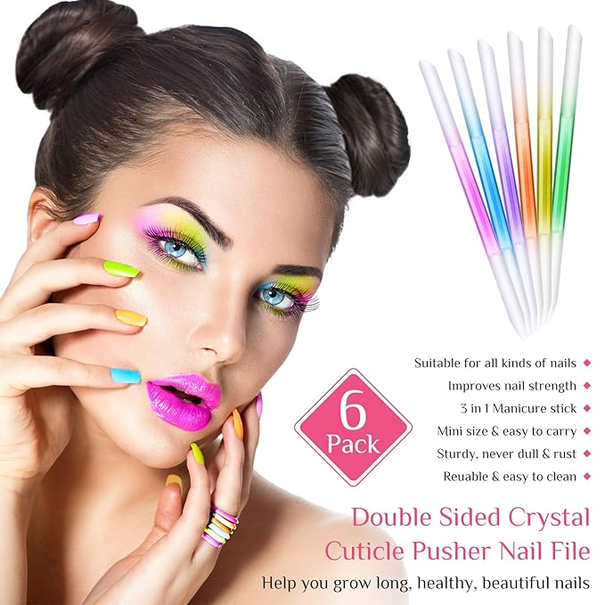 Maitys 6 Pieces Glass Cuticle Pusher Glass Cuticle Stick Set Double Sided Crystal Nail Files Precision Manicure Pedicure Pusher Tools(Pink, Blue, Purple, Orange, Yellow, Green)