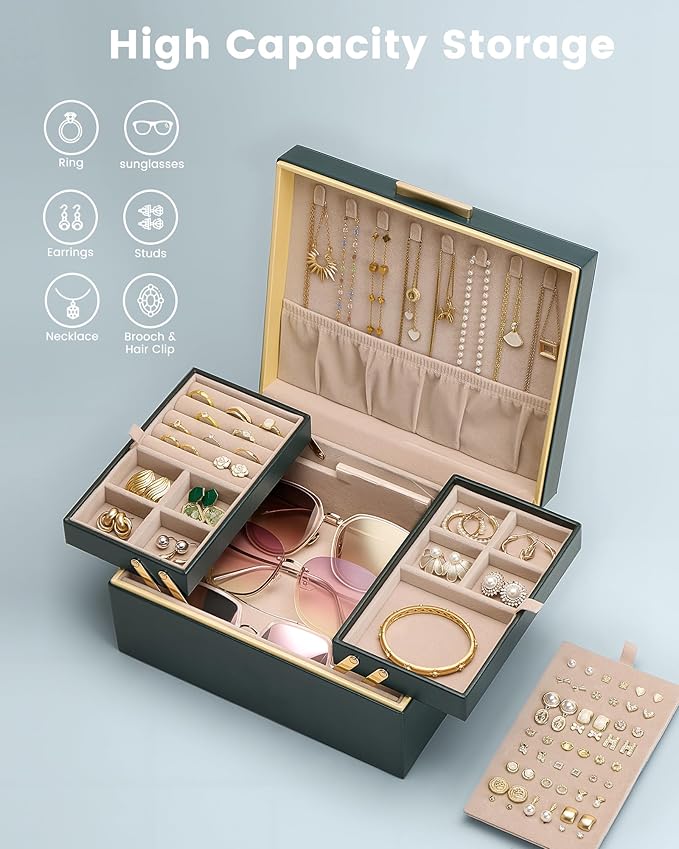 Lolalet Jewelry Box Organizer for Women Girls, 2 Layer Jewelry Organizers and Storage for Necklace Earrings Rings Bracelets, Large Jewellery Holder Case Birthday Valentine Gifts -DarkEmerald