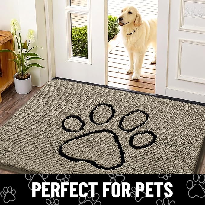 Smiry Dog Door Mat for Muddy Paws, Absorbent Dirt Trapper Non Slip Quick Dry Washable Chenille Mat for Mud Dogs, Entry Rug for Indoor and Outdoor (30x20 Inches, Warm Taupe and Black)