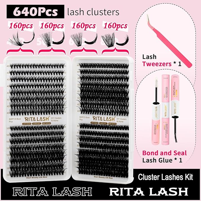 RITALASH Lash Extension Kit 40D+50D+60D+80D DIY Lash Clusters Kit 640pcs Cluster Lashes Individual Lashes Eyelash Extension Kit with Lash Bond and Seal,Lash Tweezers(40D+50D+60D+80D Kit,10-16mm Mixed)
