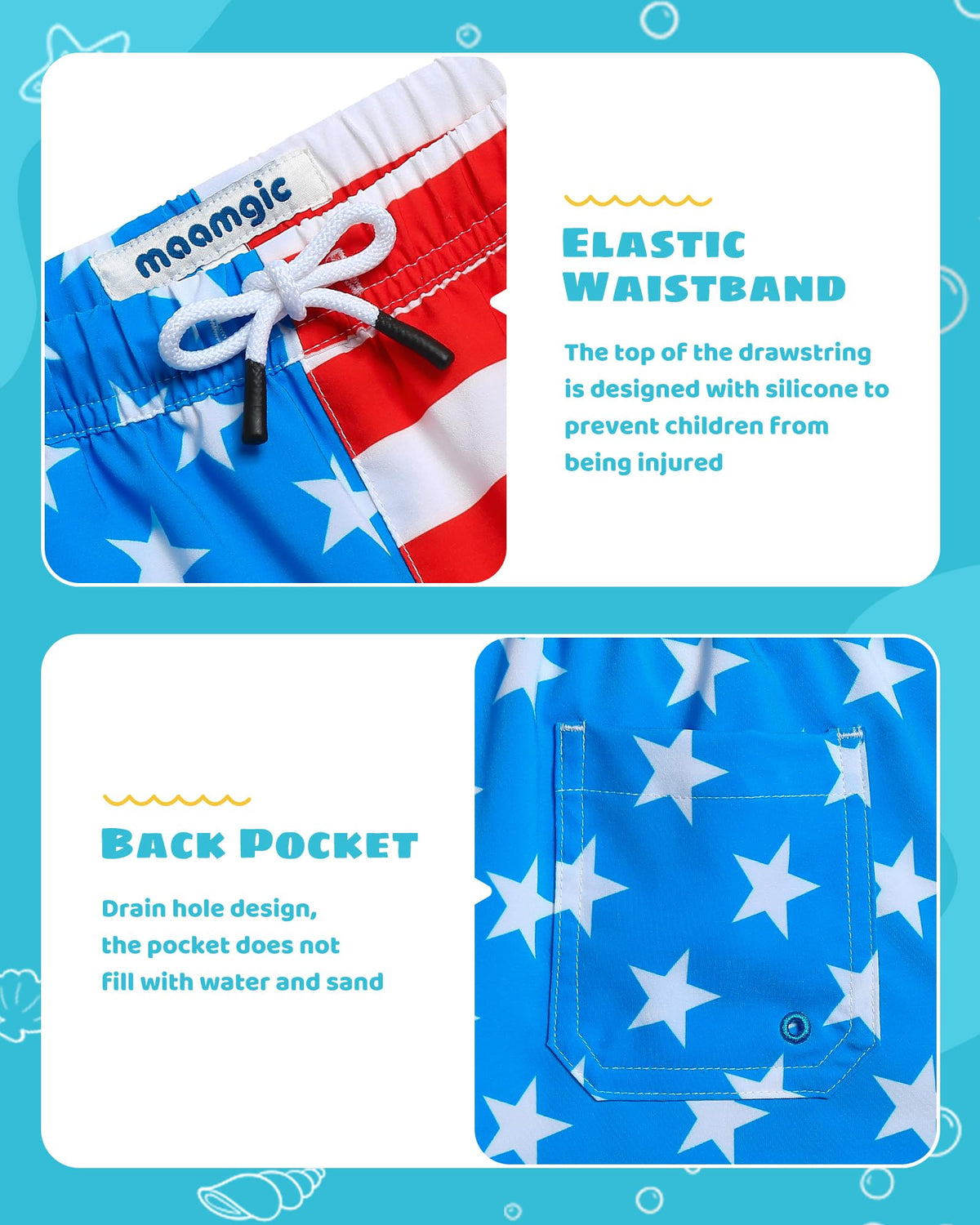 maamgic Boys Swim Trunks with Compression Liner Toddler Stretch Swim Shorts Quick Dry Swimming Trunks Boxer Brief 2 in 1 Beach Shorts American Flag 14/16