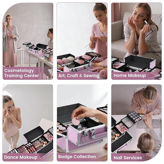 Frenessa Makeup Train Case Large Portable Cosmetic Case - 6 Tier Trays Professional Makeup Storage Organizer Box Make Up Carrier with Lockable keys - Pink