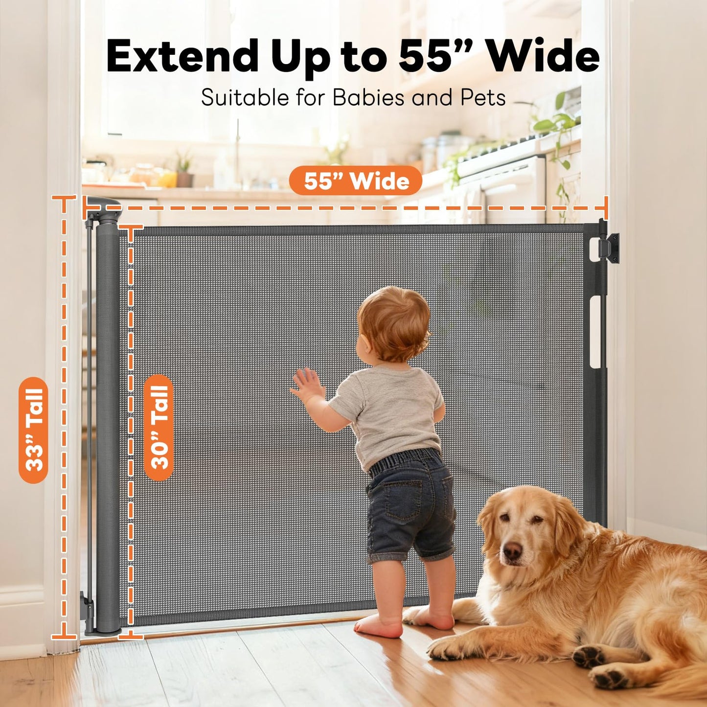 Retractable Baby Gate for Stairs and Doorways, 55" Wide x 33" Tall Mesh Dog Gate for Indoor & Outdoor Use, Safety Gate for Babies and Pets, Child Gates for Hallways, Hardware Mounted, Gray
