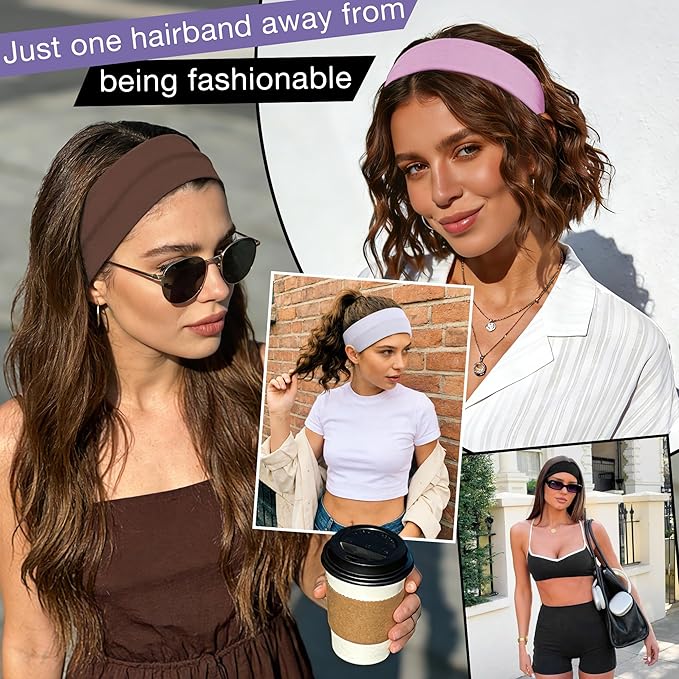Ztomine 8 Pack Headbands for Women Non Slip - Stylish Sports Hair Bands for Women's Hair - Soft Cotton Cloth Stretchy Headbands for Women for Yoga, Outdoor Exercise Running