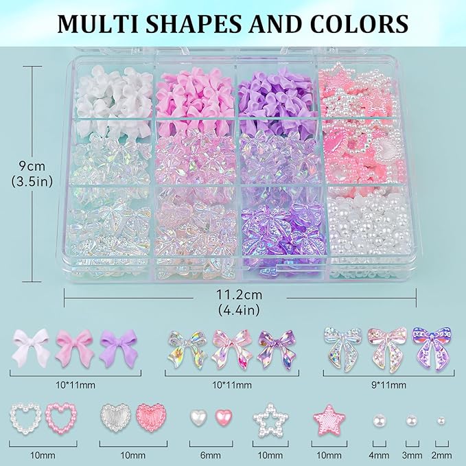 600 Pcs 3D Nail Charms and Flatback Pearls Set 12, 6 Colors Nail Bows Charm + Pink&White Star Heart Cute Nail Jewels + 2-4mm White Nail Pearls for Nail Art DIY Decoration with Pickup Tools