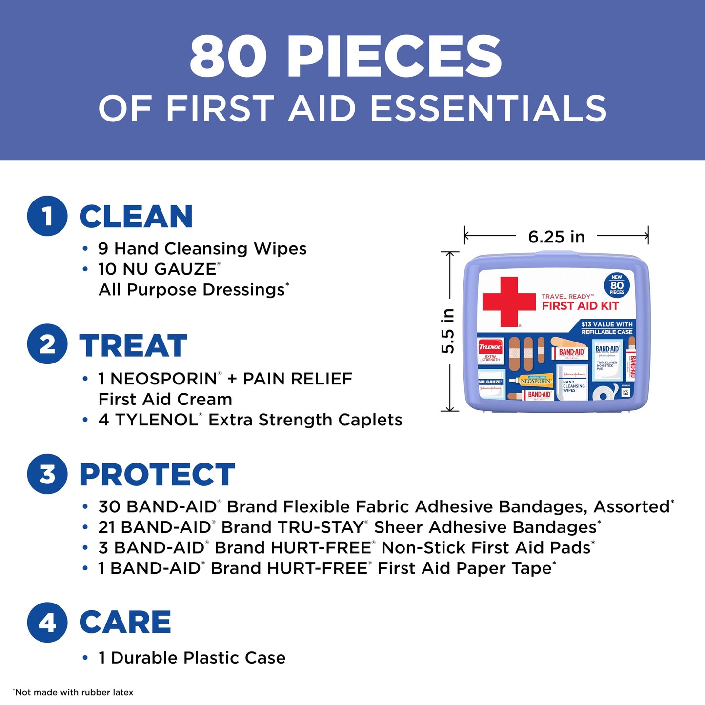 BAND-AID Brand Travel Ready Portable Emergency First Aid Kit, Minor Wound Care, Perfect for Home, Car, Camping, Travel & Outdoor Essentials, Supplies Include Bandages, Neosporin & Tylenol, 80 Piece