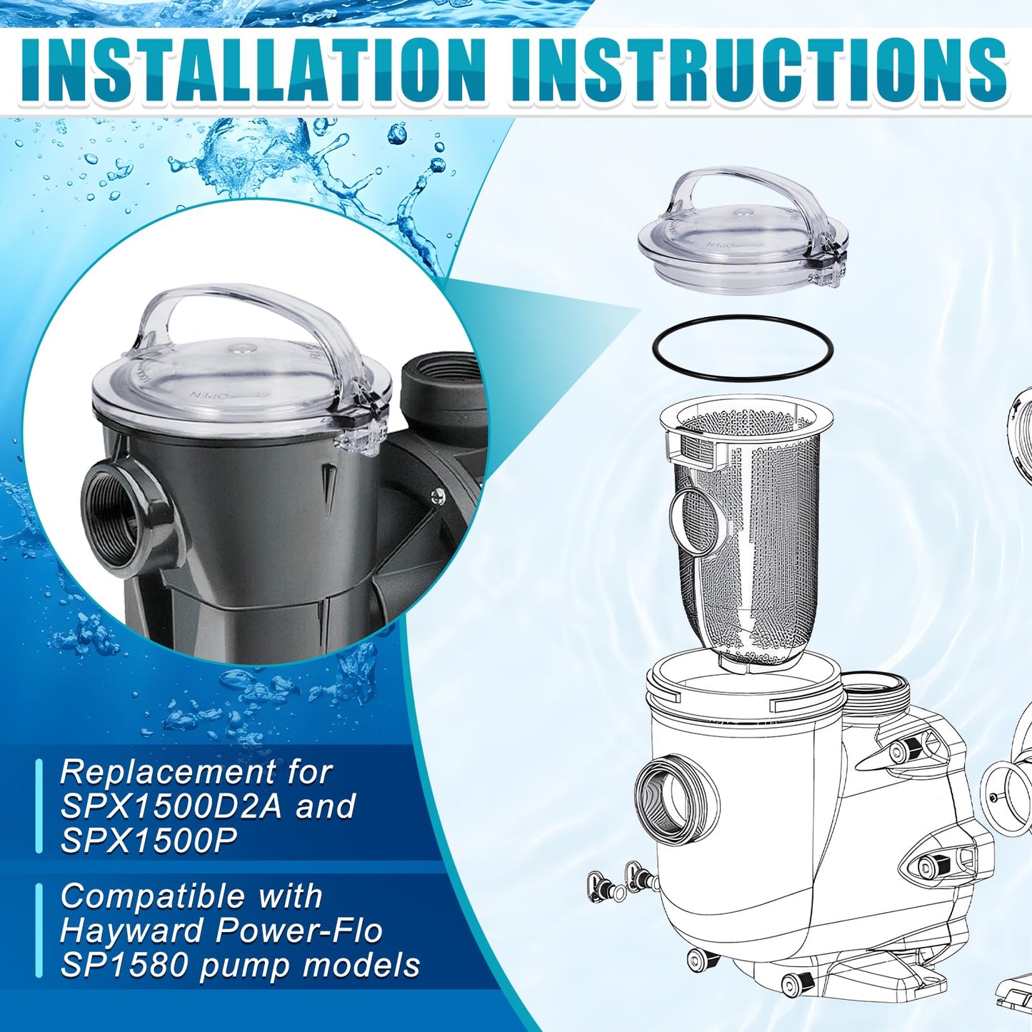 ComfyKit Pool Pump Lid and O-Ring Replacement Compatible with Hayward Power-Flo SPX1500D2A, Clear Pump Strainer Cover for Above Ground Pool Pump