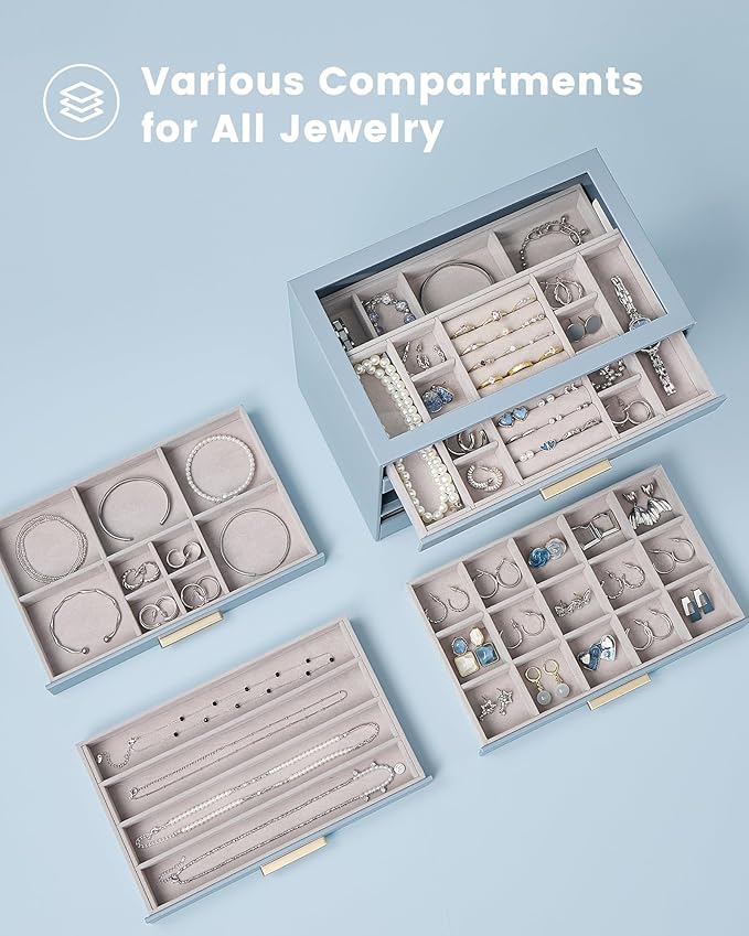 Lolalet Jewelry Box Organizer, 6-Layer Jewelry Organizers and Storage Case with Glass Lid, Ring Earring Bracelet Necklace Holder Organizer, Birthday Valentine Gifts for Women Girls -6Layer, HazeBlue